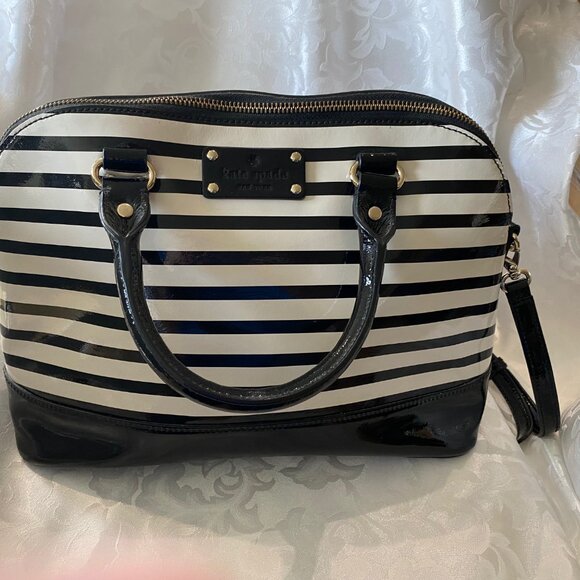 Kate Spade NY Black & White Striped Patent Leather Handbag - Picture 8 of 12